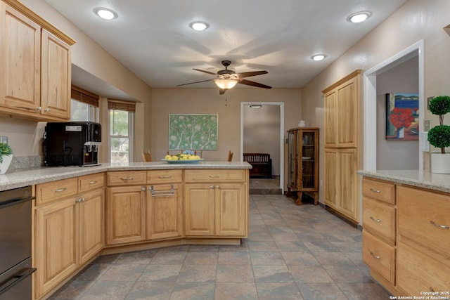 kitchen with a ceiling fan, recessed lighting, dishwasher, and light brown cabinetry