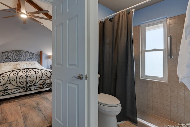 bathroom with lofted ceiling, toilet, ceiling fan, wood finished floors, and a tile shower