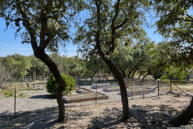 view of yard featuring a rural view, fence, and a garden