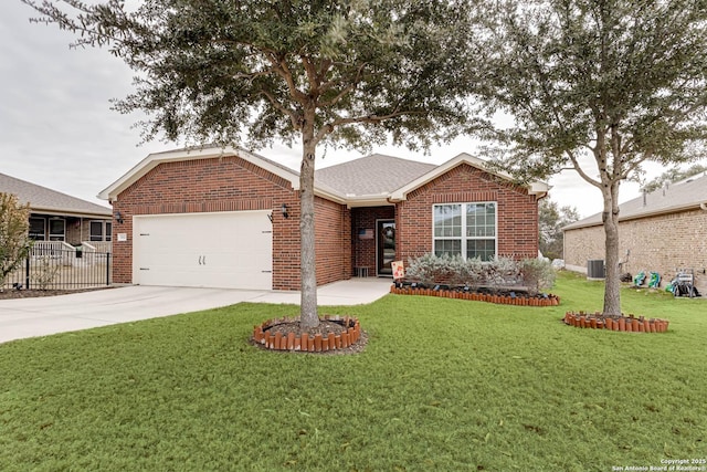 ranch-style house featuring a front yard, brick siding, and driveway