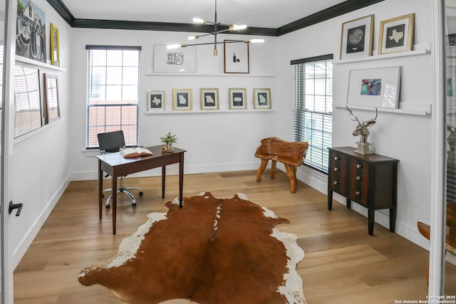 office featuring plenty of natural light, crown molding, and light wood-style flooring