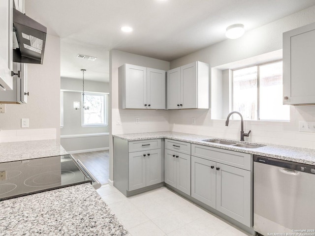 kitchen with a sink, visible vents, backsplash, and dishwasher