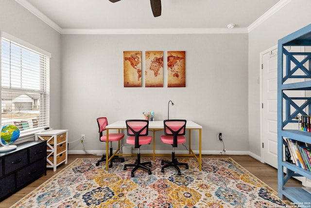 office space featuring baseboards, wood finished floors, a ceiling fan, and crown molding