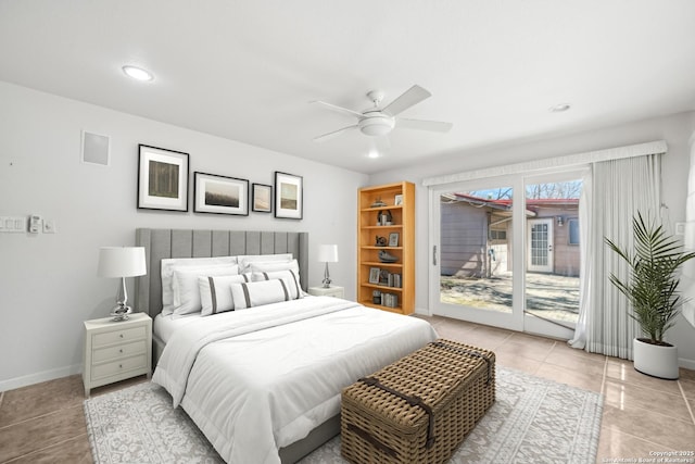 bedroom featuring tile patterned flooring, recessed lighting, visible vents, baseboards, and access to outside