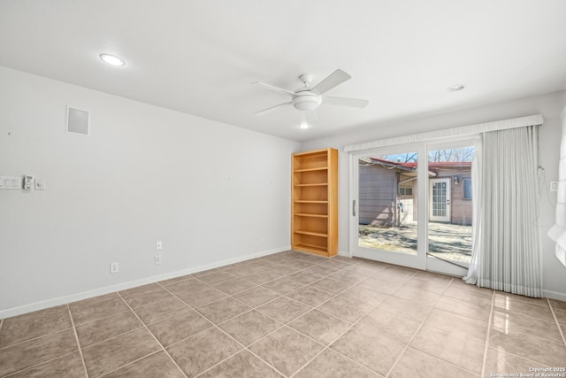 tiled empty room featuring ceiling fan, recessed lighting, visible vents, and baseboards