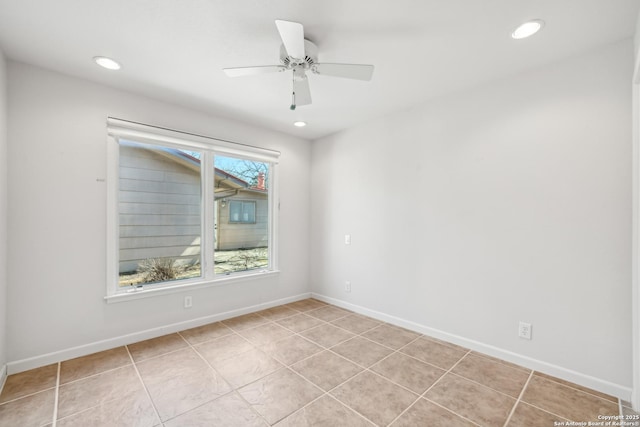 unfurnished room with recessed lighting, ceiling fan, baseboards, and light tile patterned floors