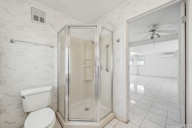 bathroom with a ceiling fan, visible vents, a shower stall, and wallpapered walls