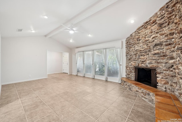 unfurnished living room with vaulted ceiling with beams, a fireplace, visible vents, a ceiling fan, and tile patterned floors