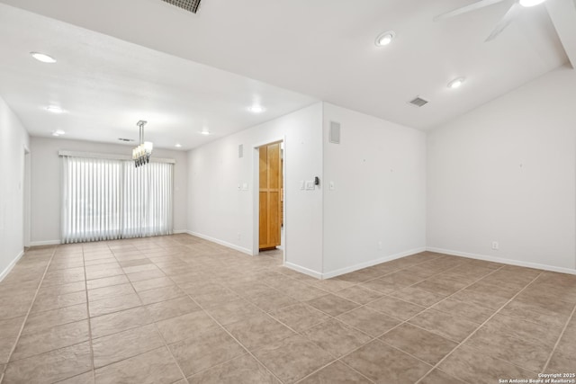 empty room with ceiling fan, light tile patterned floors, recessed lighting, and baseboards