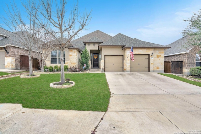 view of front facade with a shingled roof, a front yard, a garage, stone siding, and driveway