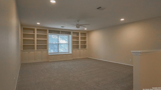 carpeted spare room featuring recessed lighting, visible vents, ceiling fan, and baseboards