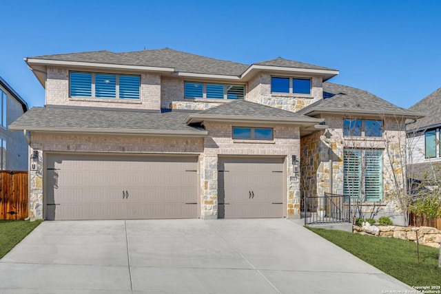 prairie-style house featuring roof with shingles, brick siding, concrete driveway, a garage, and stone siding