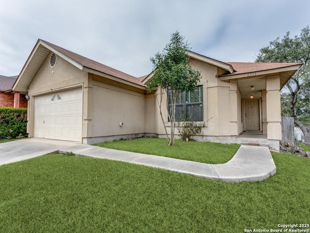 ranch-style house with a front lawn, an attached garage, and stucco siding