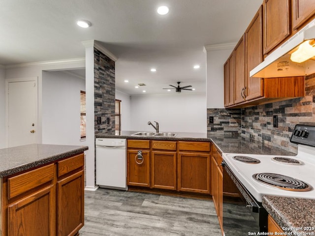 kitchen with dark countertops, electric range, white dishwasher, and under cabinet range hood