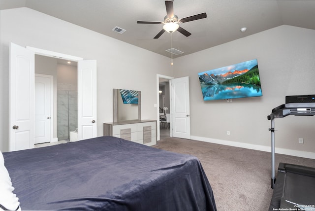 bedroom featuring visible vents, baseboards, a ceiling fan, lofted ceiling, and carpet