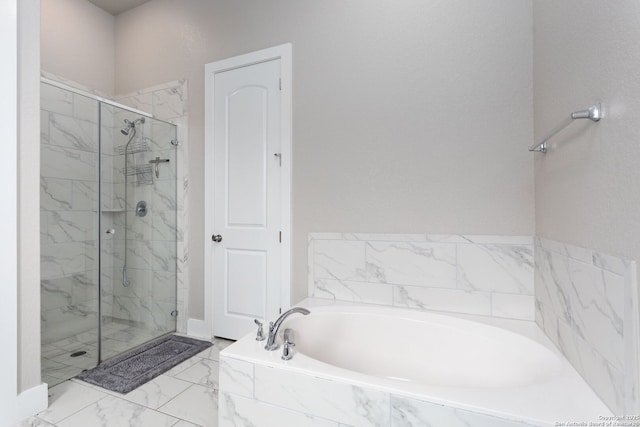 full bathroom with marble finish floor, a marble finish shower, and a bath