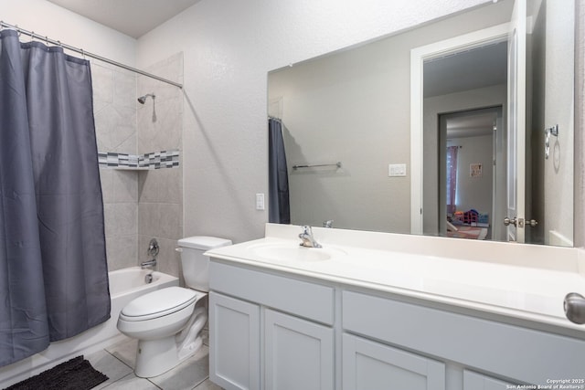 bathroom featuring toilet, shower / bath combination with curtain, and vanity