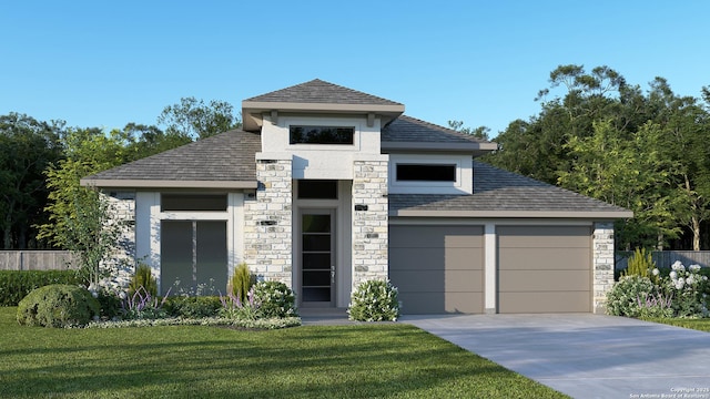 view of front of home with a garage, a shingled roof, a front lawn, and concrete driveway