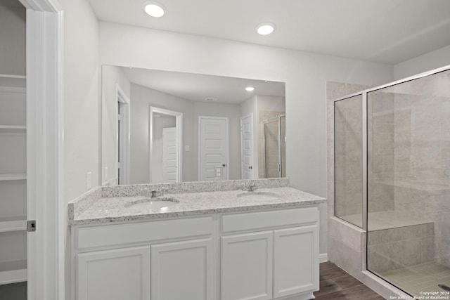 bathroom featuring a closet, wood finished floors, a stall shower, and a sink