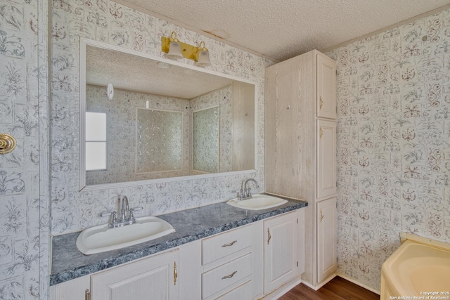 225 County Road 3821, San Antonio, TX 78253 - bathroom featuring wallpapered walls, a textured ceiling, and a sink