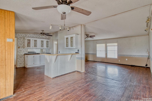 225 County Road 3821, San Antonio, TX 78253 - kitchen with wallpapered walls, white cabinets, glass insert cabinets, open floor plan, and light countertops