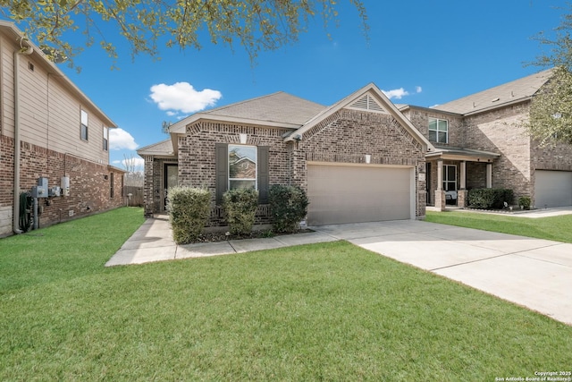 view of front of property featuring brick siding, a shingled roof, concrete driveway, an attached garage, and a front yard