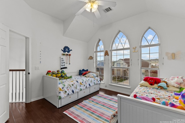 bedroom with lofted ceiling, ceiling fan, dark wood-type flooring, and visible vents