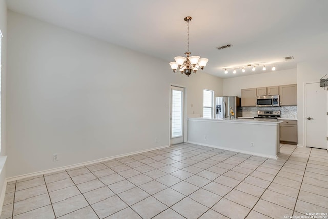 kitchen with a chandelier, stainless steel appliances, hanging light fixtures, light countertops, and backsplash