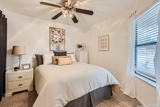 bedroom featuring multiple windows, carpet, a ceiling fan, and baseboards