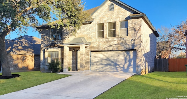 traditional-style home with a front yard, brick siding, and fence