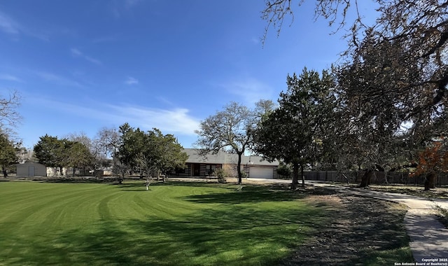 view of community featuring fence and a lawn