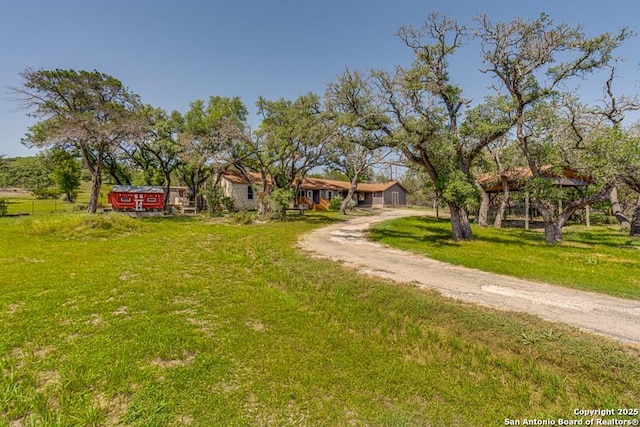 view of front of house with dirt driveway and a front lawn