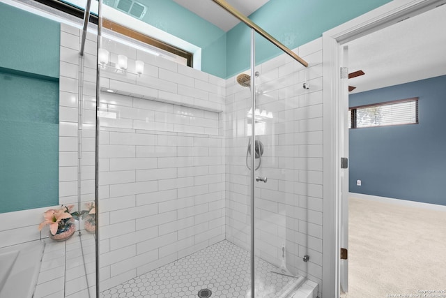 full bath with visible vents and a stall shower