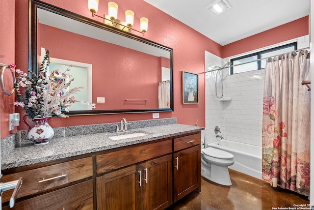 bathroom featuring visible vents, concrete floors, toilet, shower / bath combo, and vanity