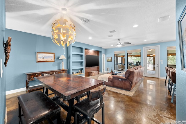 dining space with built in shelves, baseboards, visible vents, and a textured ceiling