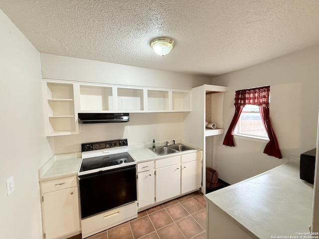 kitchen featuring under cabinet range hood, open shelves, black electric range oven, and light countertops