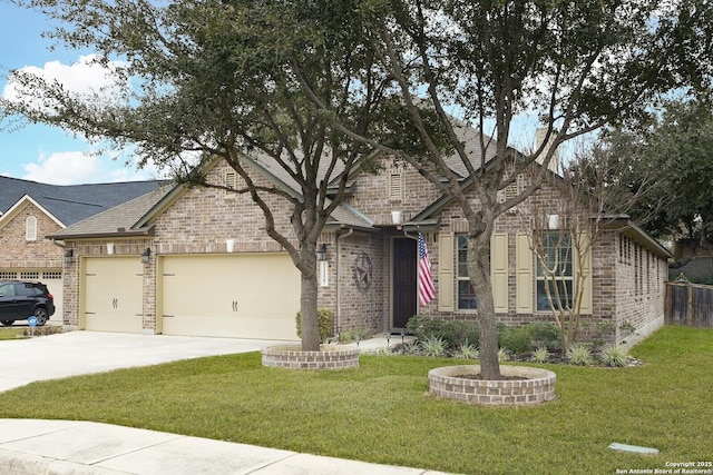 view of front of home with a garage, a front yard, concrete driveway, and brick siding