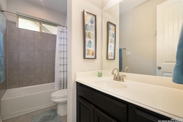 bathroom with tile patterned floors, vanity, toilet, and shower / tub combo with curtain