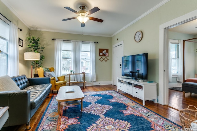 living area with dark wood-style floors, a healthy amount of sunlight, and crown molding