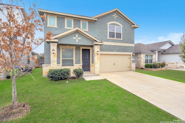 view of front of house with a garage, concrete driveway, stone siding, stucco siding, and a front yard