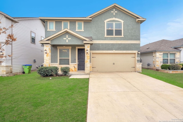 view of front of home featuring driveway, a front lawn, an attached garage, and stucco siding