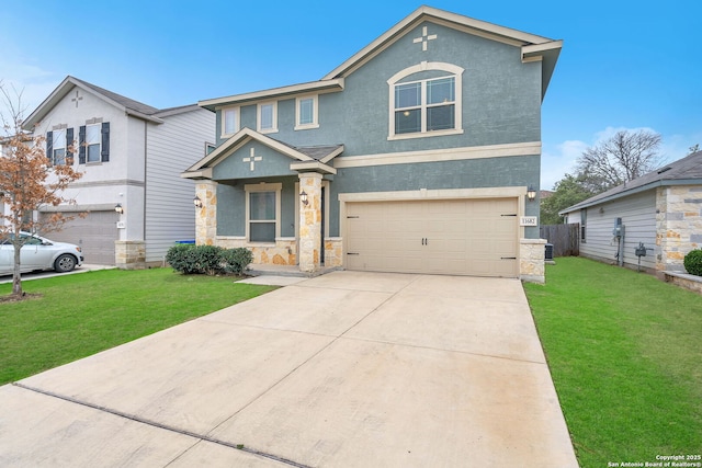 view of front of house with a garage, a front yard, concrete driveway, and stucco siding