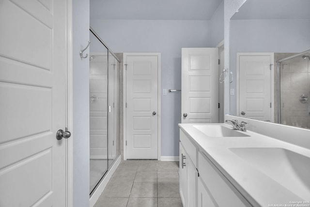 full bath with a stall shower, tile patterned flooring, a sink, and double vanity