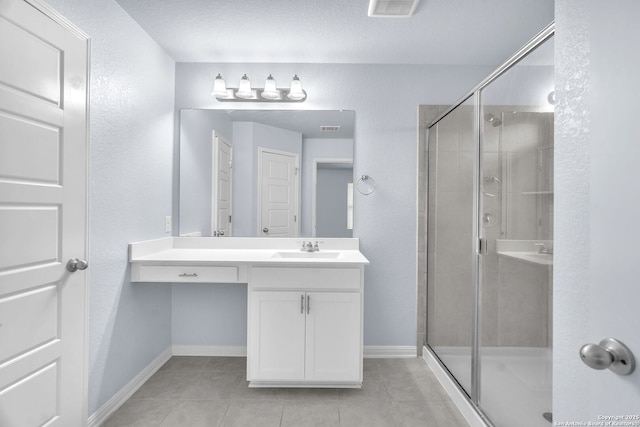 bathroom with vanity, a stall shower, tile patterned flooring, and visible vents