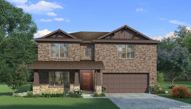 craftsman inspired home with a garage, brick siding, concrete driveway, stone siding, and a front yard