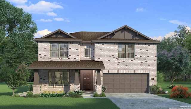 view of front facade with driveway, brick siding, board and batten siding, and an attached garage