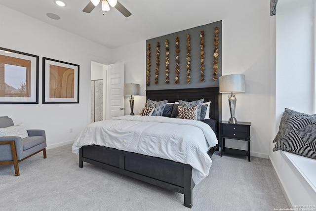 bedroom featuring light carpet, recessed lighting, a ceiling fan, and baseboards