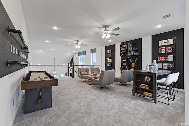 game room with light carpet, visible vents, and recessed lighting