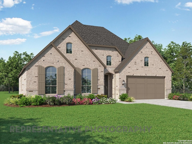 11717 Warlock, San Antonio, TX 78254 - french country inspired facade with brick siding, concrete driveway, and a front yard