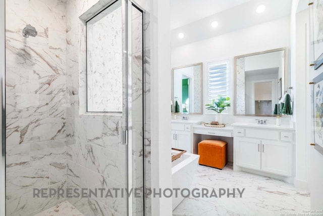 11717 Warlock, San Antonio, TX 78254 - full bath featuring a marble finish shower, vanity, marble finish floors, and recessed lighting